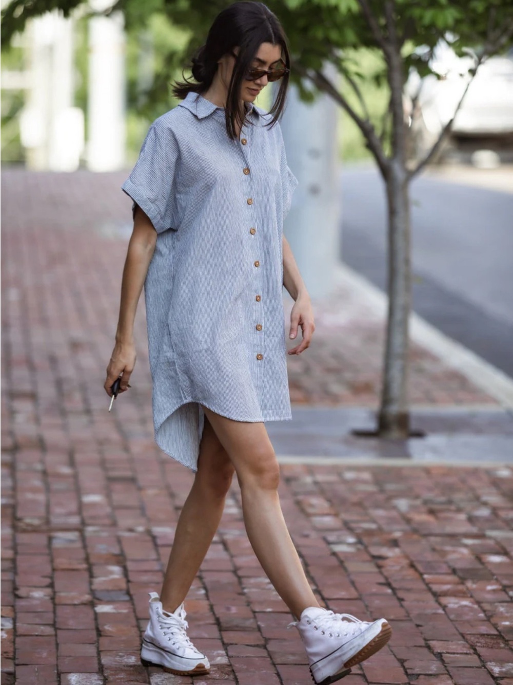 Liz Alig Casual Button-Front Shirt Dress in Light Blue Stripe